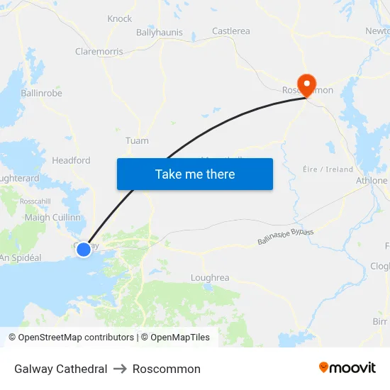 Galway Cathedral to Roscommon map