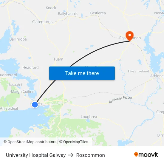 University Hospital Galway to Roscommon map