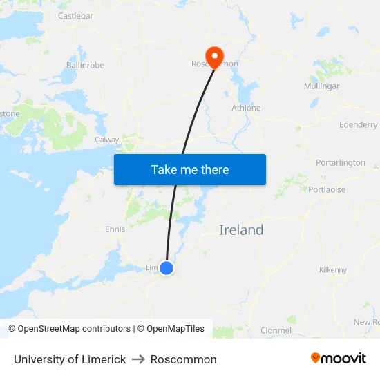University of Limerick to Roscommon map
