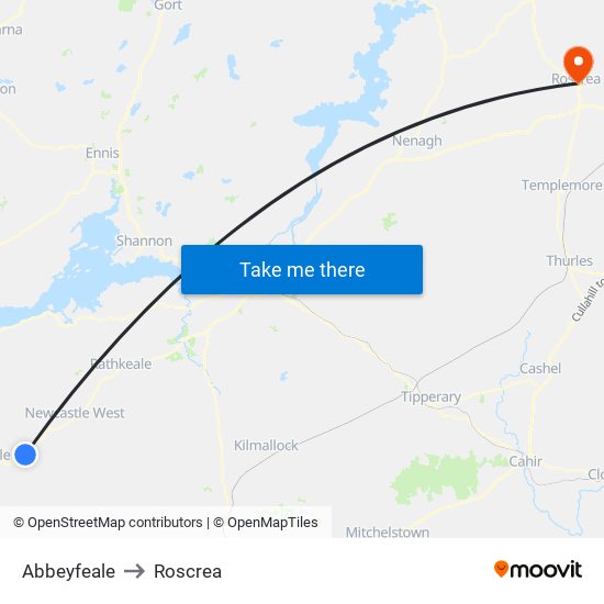 Abbeyfeale to Roscrea map