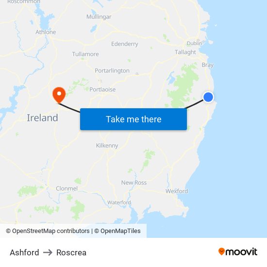 Ashford to Roscrea map