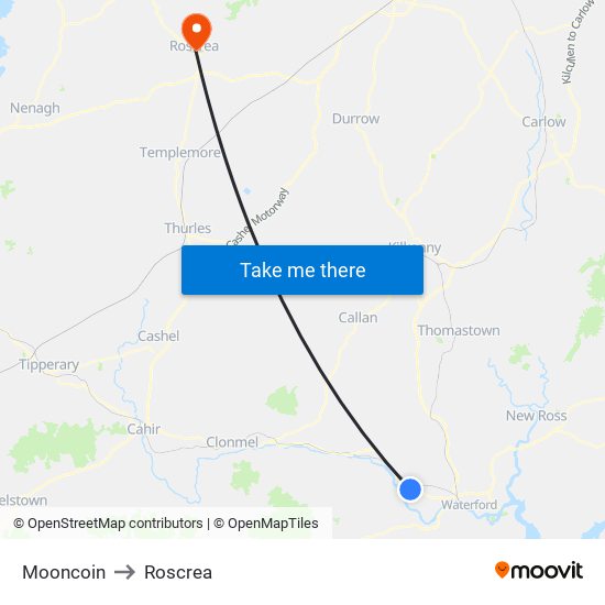Mooncoin to Roscrea map
