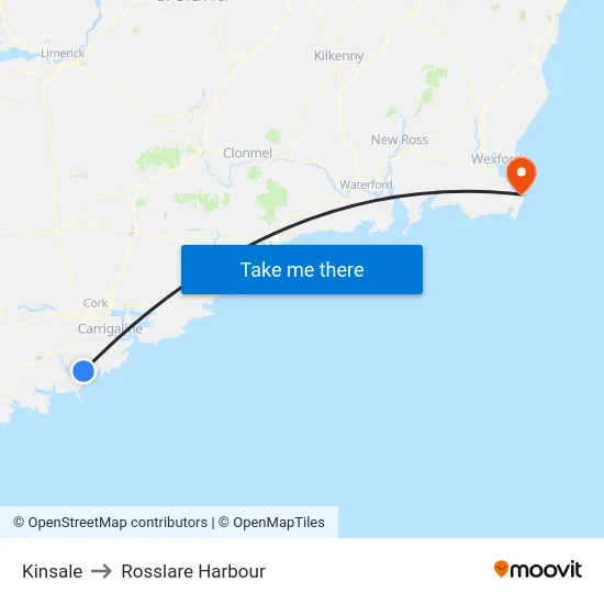 Kinsale to Rosslare Harbour map