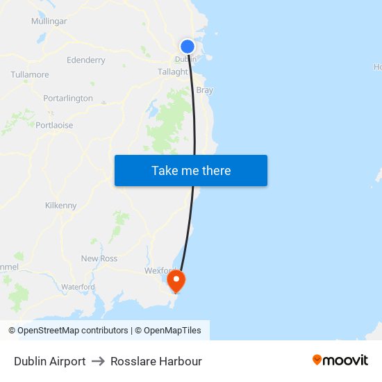 Dublin Airport to Rosslare Harbour map