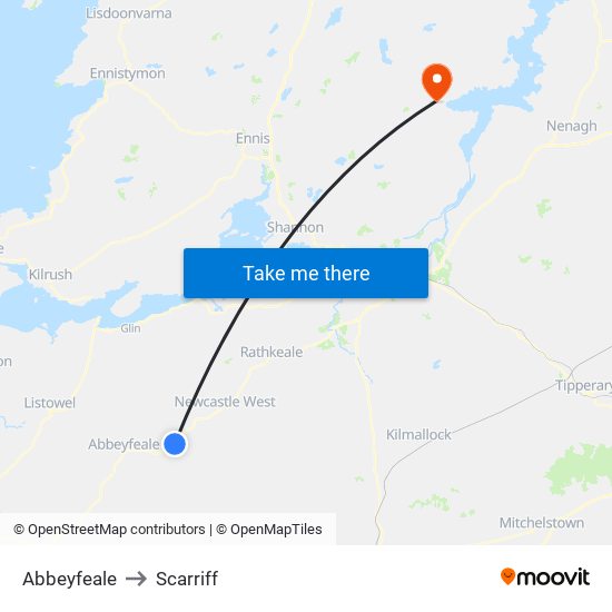 Abbeyfeale to Scarriff map