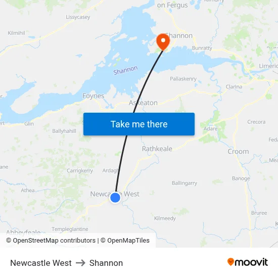 Newcastle West to Shannon map