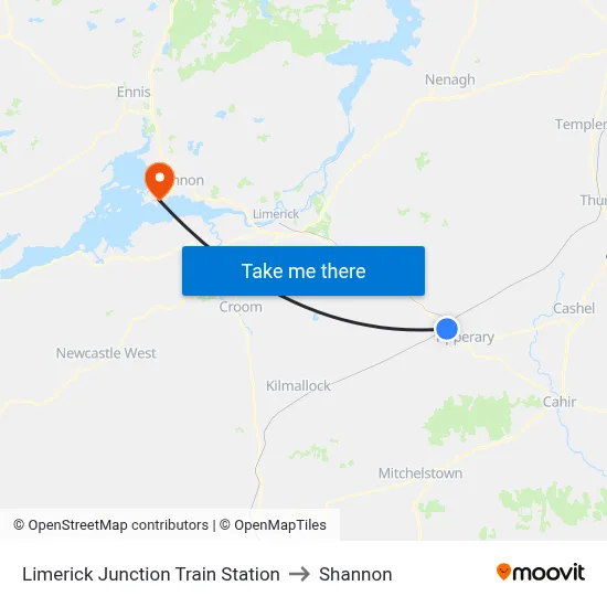 Limerick Junction Train Station to Shannon map