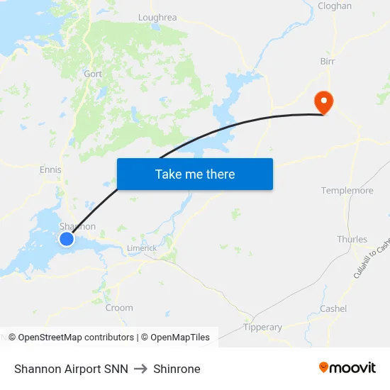 Shannon Airport SNN to Shinrone map