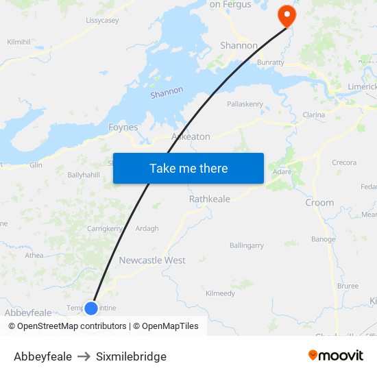 Abbeyfeale to Sixmilebridge map