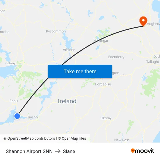 Shannon Airport SNN to Slane map