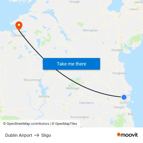 Dublin Airport to Sligo map