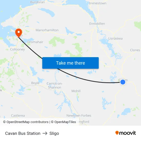 Cavan Bus Station to Sligo map