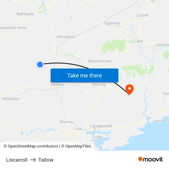 Liscarroll to Tallow map