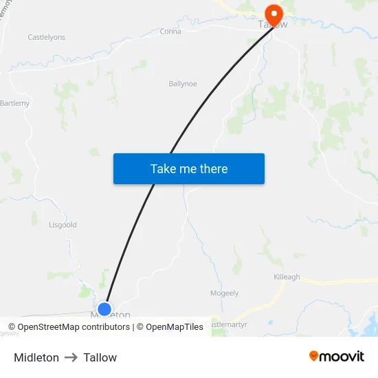 Midleton to Tallow map