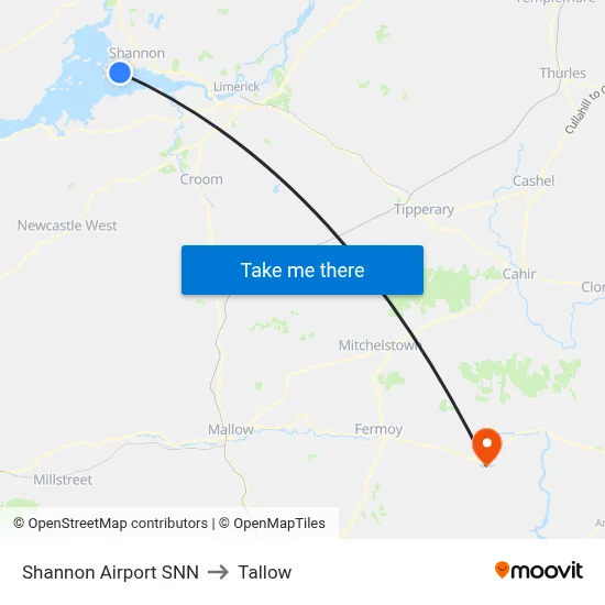 Shannon Airport SNN to Tallow map