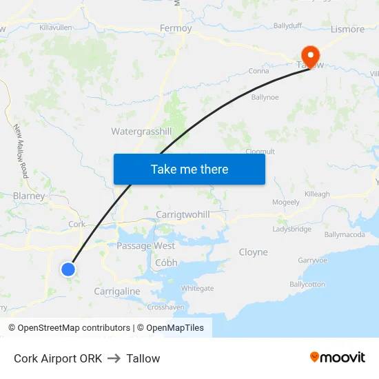 Cork Airport ORK to Tallow map