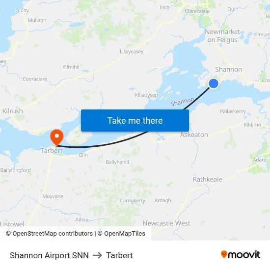 Shannon Airport SNN to Tarbert map