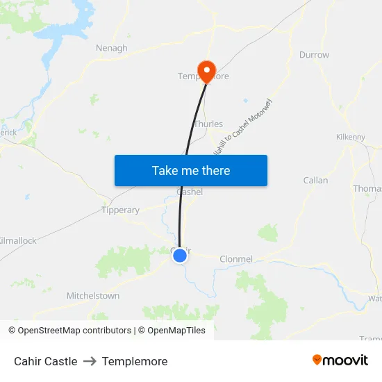 Cahir Castle to Templemore map