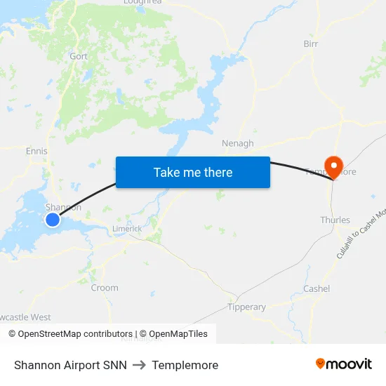 Shannon Airport SNN to Templemore map