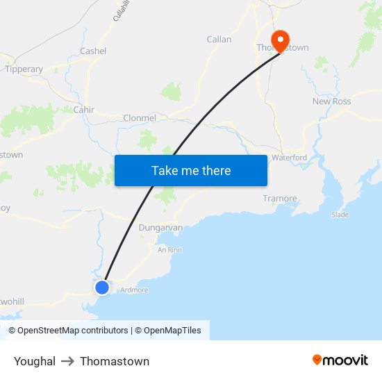 Youghal to Thomastown map