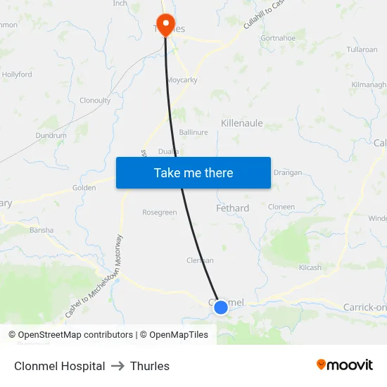 Clonmel Hospital to Thurles map