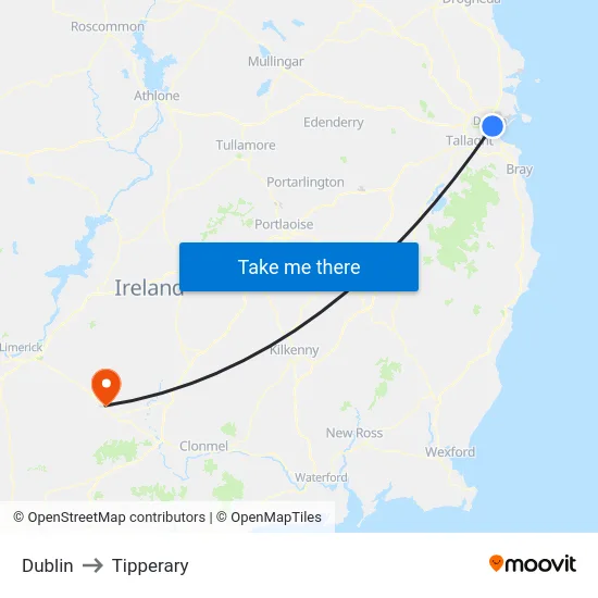 Dublin to Tipperary map