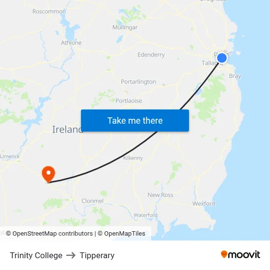 Trinity College to Tipperary map
