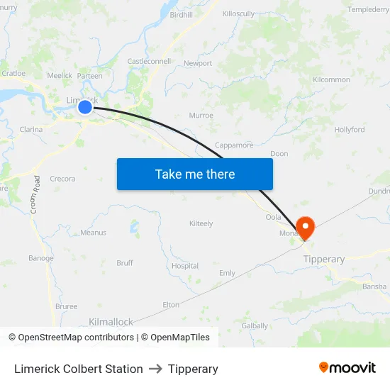 Limerick Colbert Station to Tipperary map