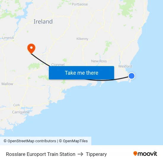 Rosslare Europort Train Station to Tipperary map