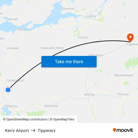 Kerry Airport to Tipperary map