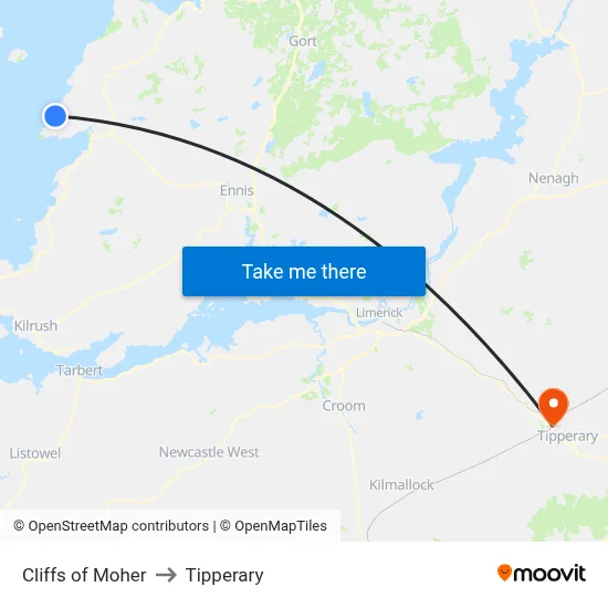 Cliffs of Moher to Tipperary map