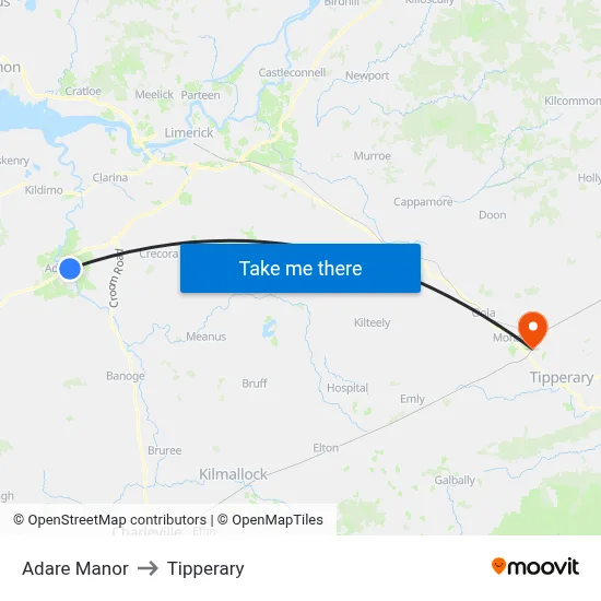 Adare Manor to Tipperary map