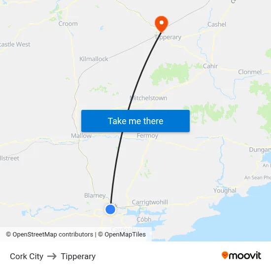 Cork City to Tipperary map