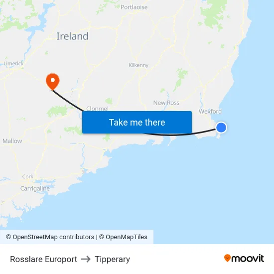 Rosslare Europort to Tipperary map