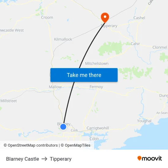 Blarney Castle to Tipperary map