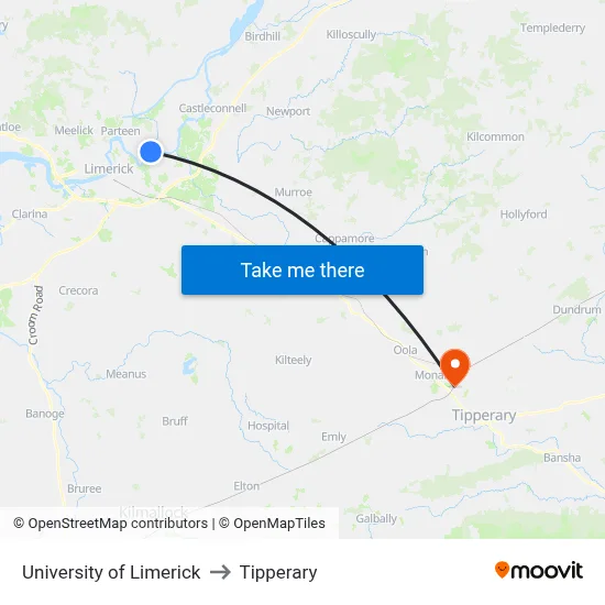 University of Limerick to Tipperary map