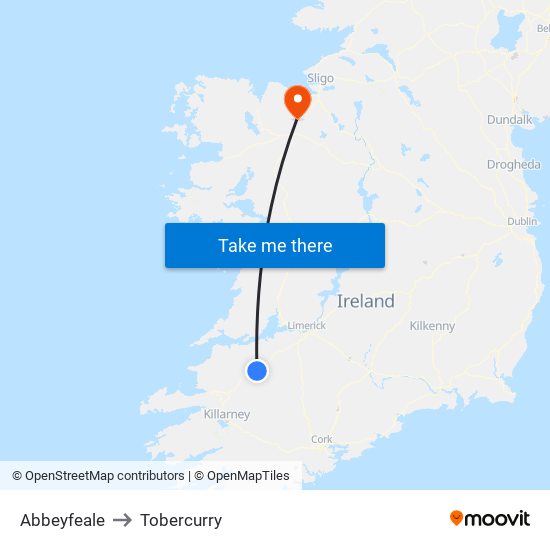 Abbeyfeale to Tobercurry map