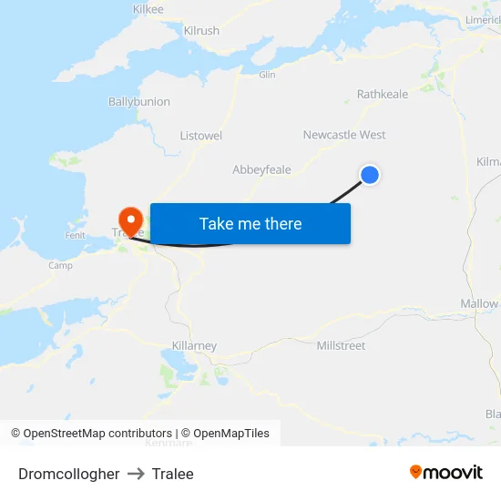 Dromcollogher to Tralee map