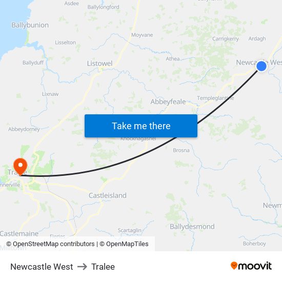Newcastle West to Tralee map