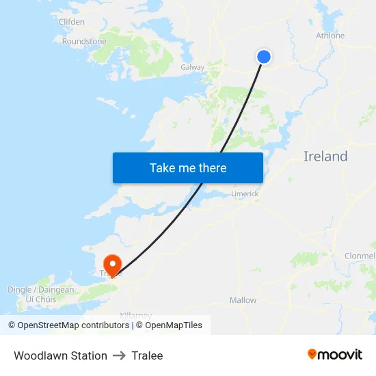 Woodlawn Station to Tralee map