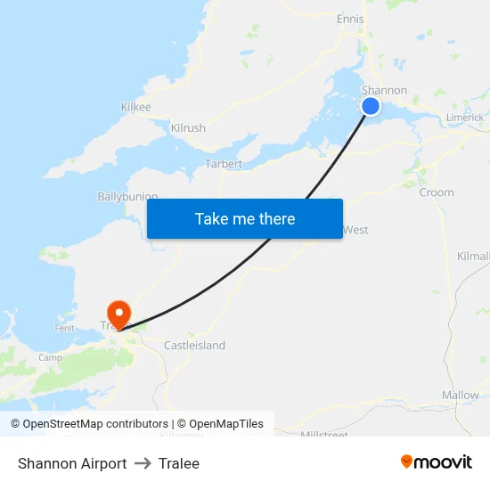 Shannon Airport to Tralee map