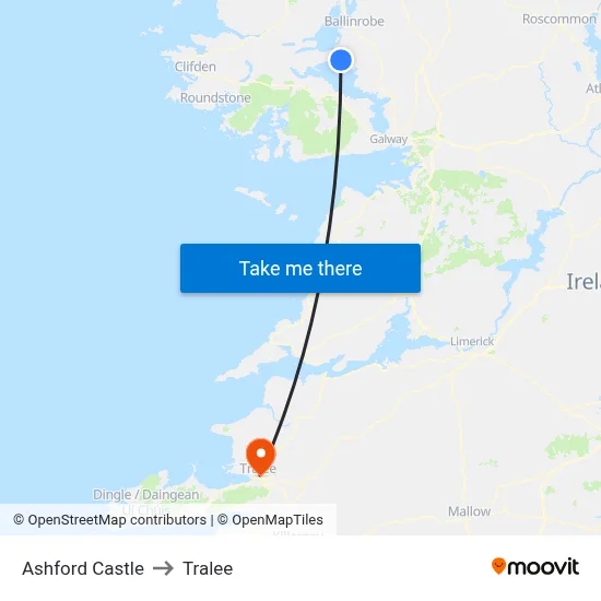 Ashford Castle to Tralee map