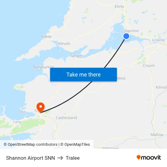 Shannon Airport SNN to Tralee map