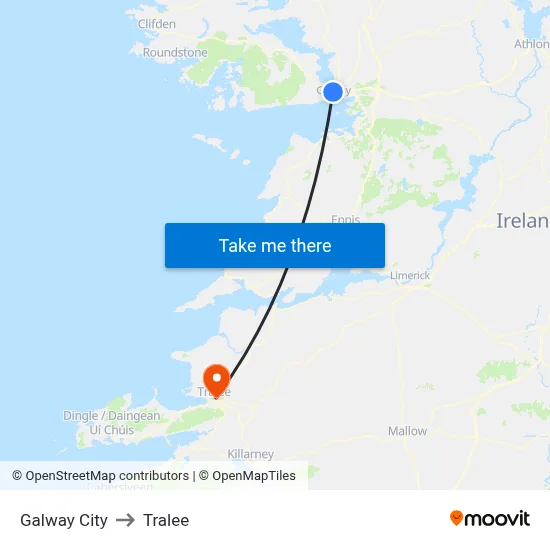 Galway City to Tralee map