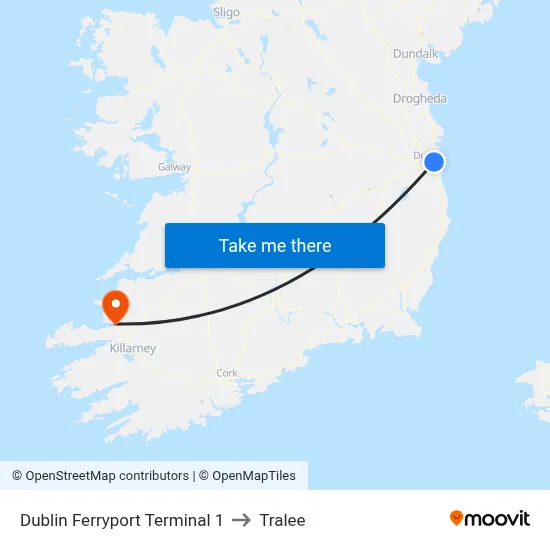 Dublin Ferryport Terminal 1 to Tralee map