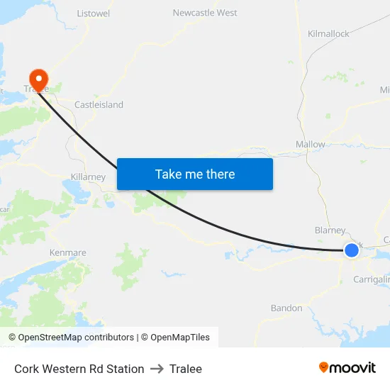Cork Western Rd Station to Tralee map