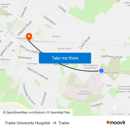 Tralee University Hospital to Tralee map