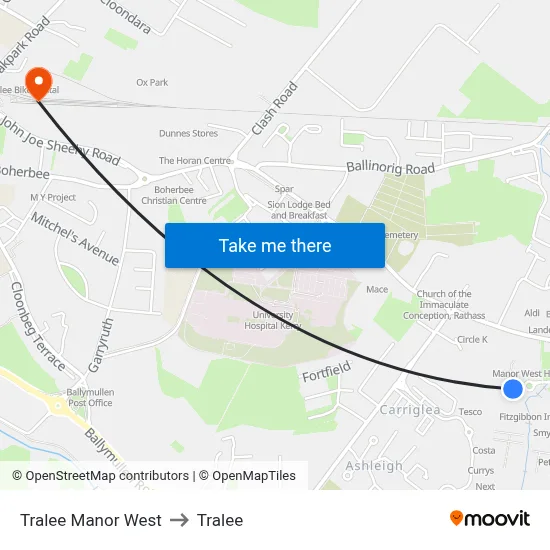 Tralee Manor West to Tralee map