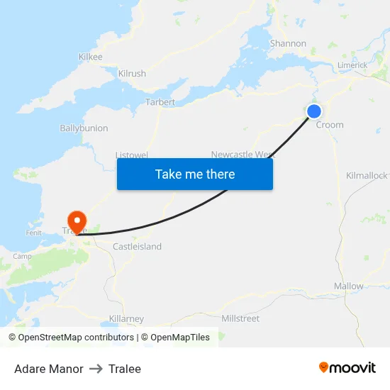 Adare Manor to Tralee map