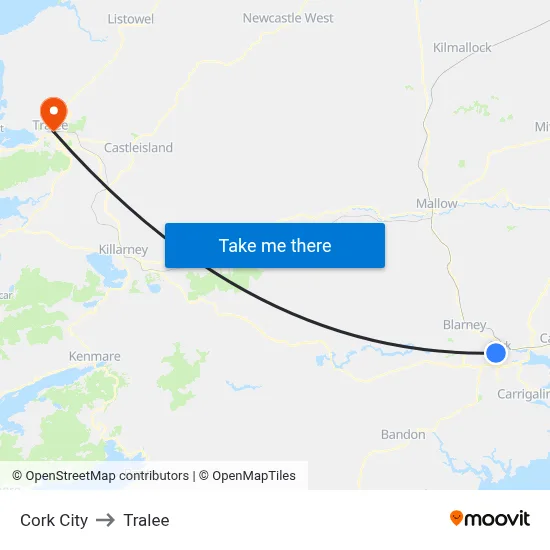 Cork City to Tralee map